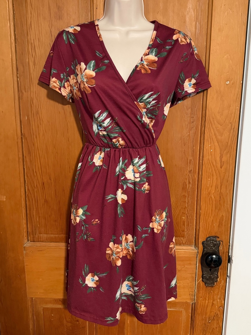 Women's Floral Burgundy Wrap-Front Dress